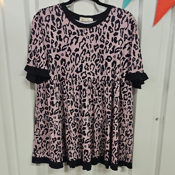 southern stitch Tops - Pink Relaxed Tunic with Peter Pan Collar and Cuffed Sleeves